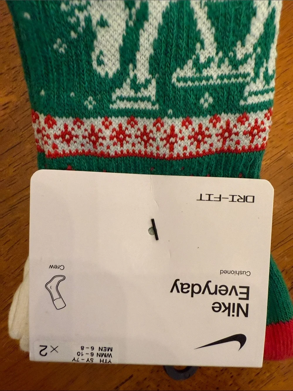 Nike Holiday Crew Socks - Green, White & Red Festive Pattern 7Y